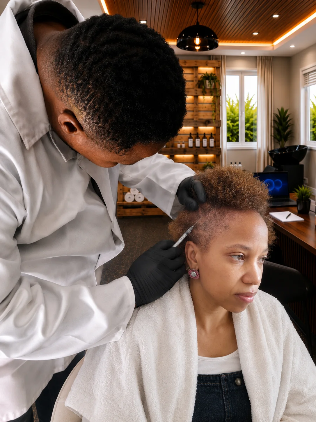 Professional trichologist performing detailed scalp analysis consultation in clinical setting